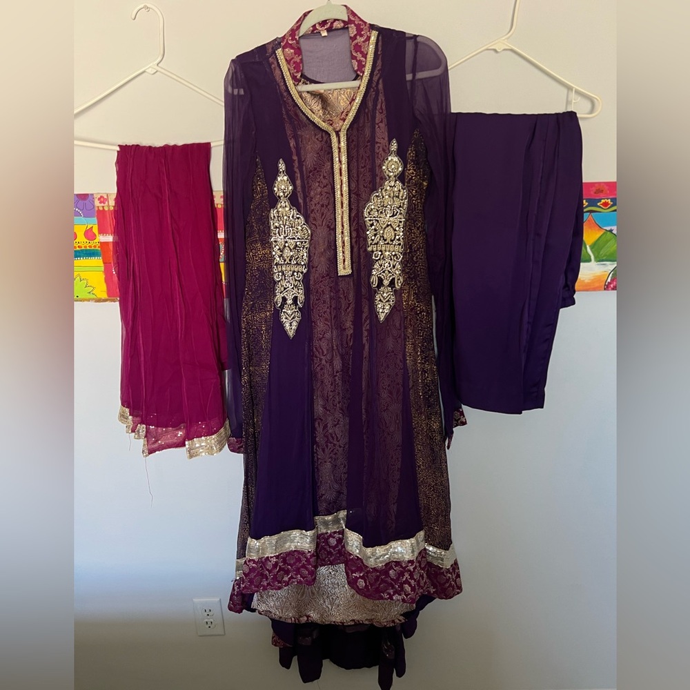Purple Embroidered Gown with Gold Accents